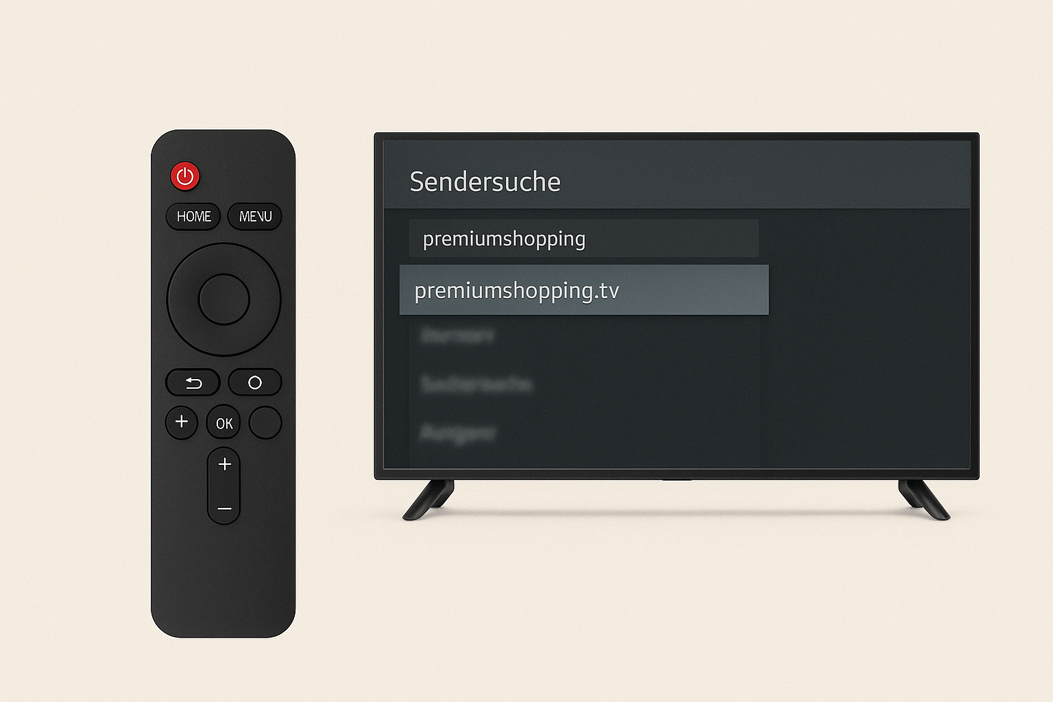 Fernbedienung neben einem Fernseher, der auf dem Bildschirm eine Sendersuche nach "premiumshopping.tv" anzeigt.