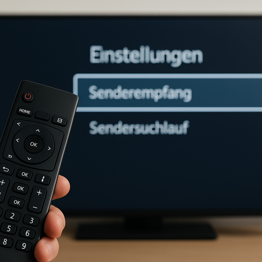 Eine Hand hält eine Fernbedienung vor einem Fernseher mit Menüeinstellungen für "Senderepmpfang" und "Sendersuchlauf".