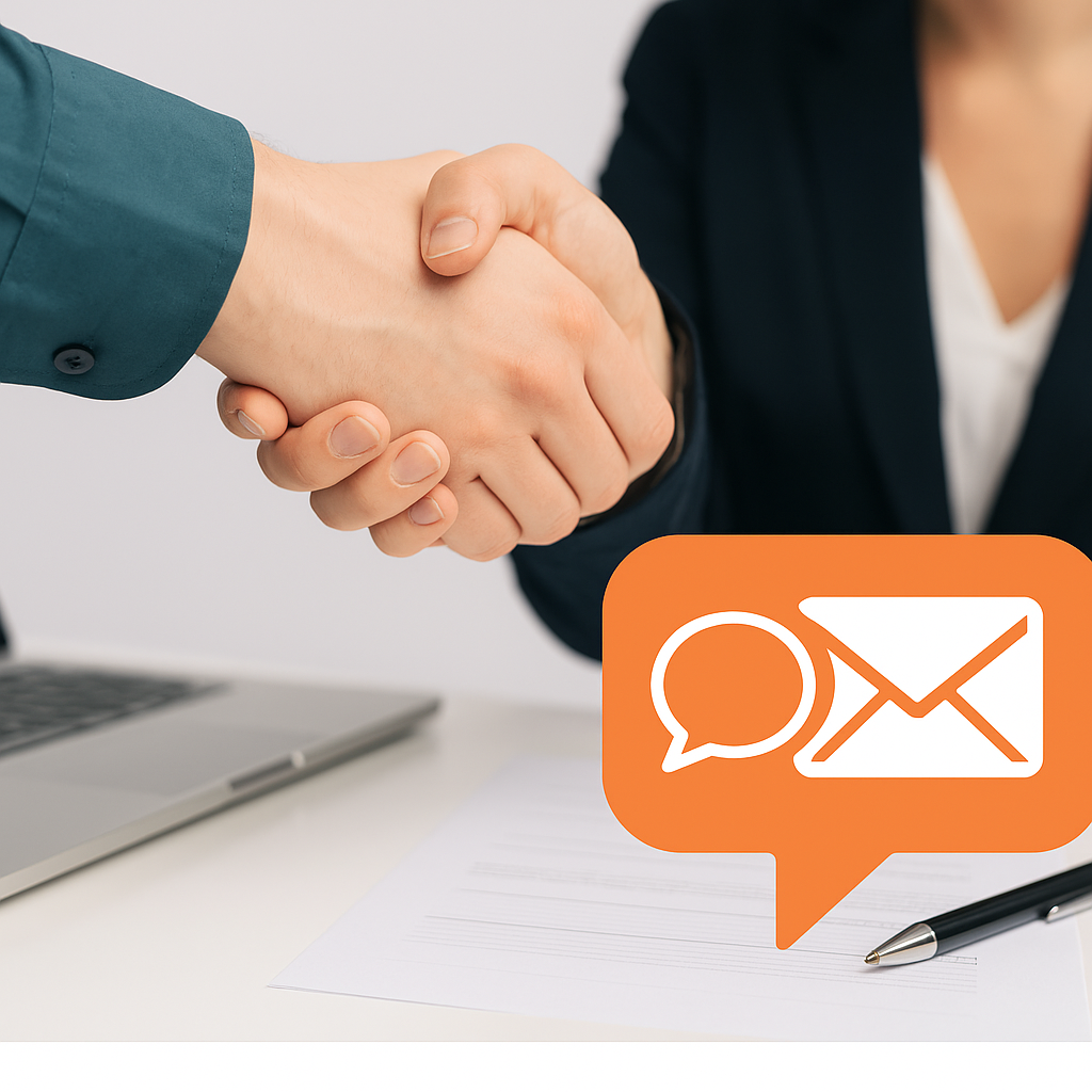 Zwei Personen geben sich die Hand, ein Laptop und ein Papier liegen auf dem Tisch, daneben ein Symbol für E-Mail-Kommunikation.