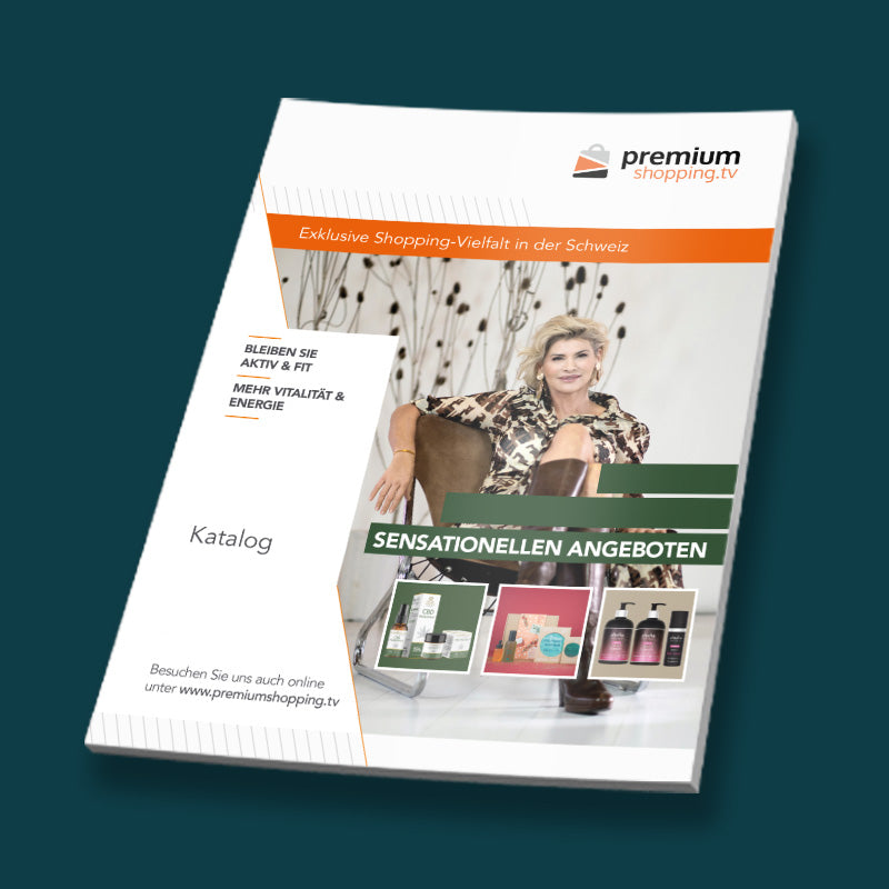 Katalog-Cover von premiumshopping.tv mit Foto einer Frau und Texten zu Angeboten und Vitalität.