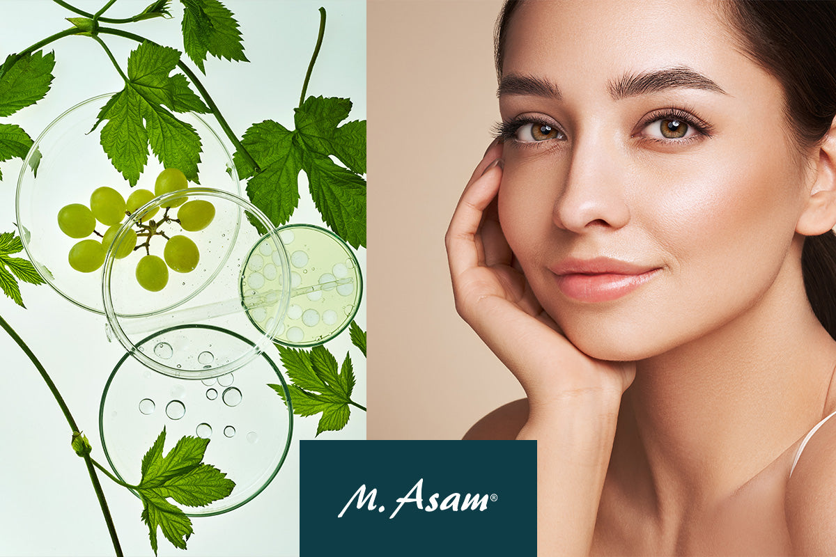 Links grüne Blätter und Reagenzgläser, rechts Gesicht einer Frau mit glatter Haut, unten das Logo "M. Asam".