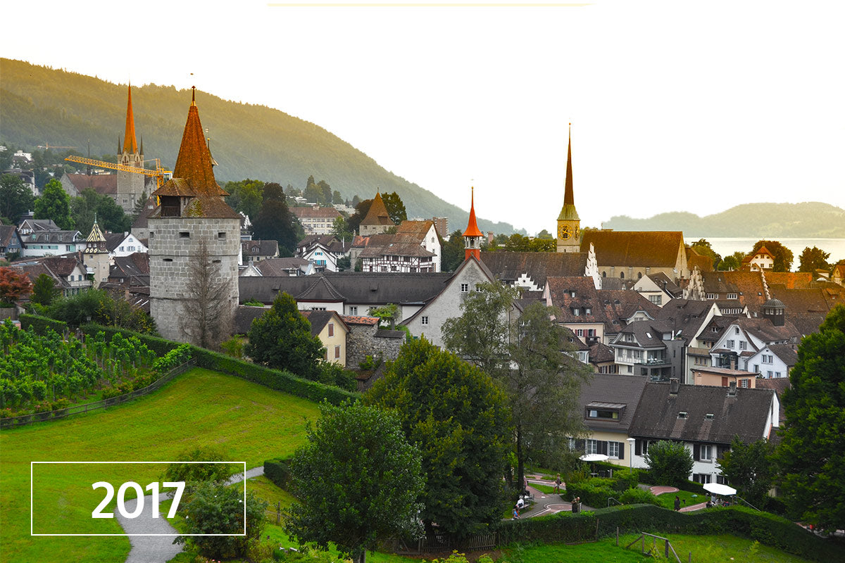 Mittelalterliche Stadtansicht mit Kirchtürmen und alten Gebäuden, im Vordergrund grüne Wiesen, Text "2017".