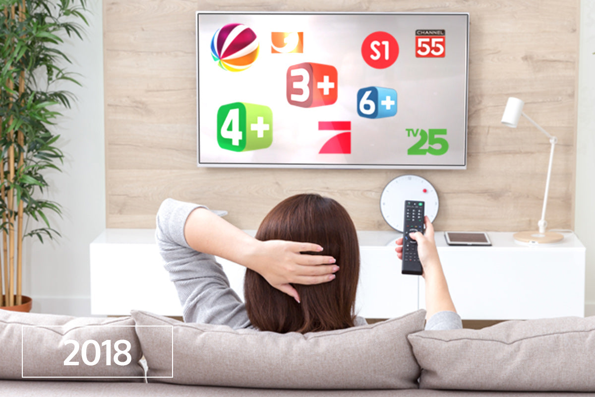 Person schaut fern und hält eine Fernbedienung, TV zeigt verschiedene Kanallogos. Jahr 2018 unten links.