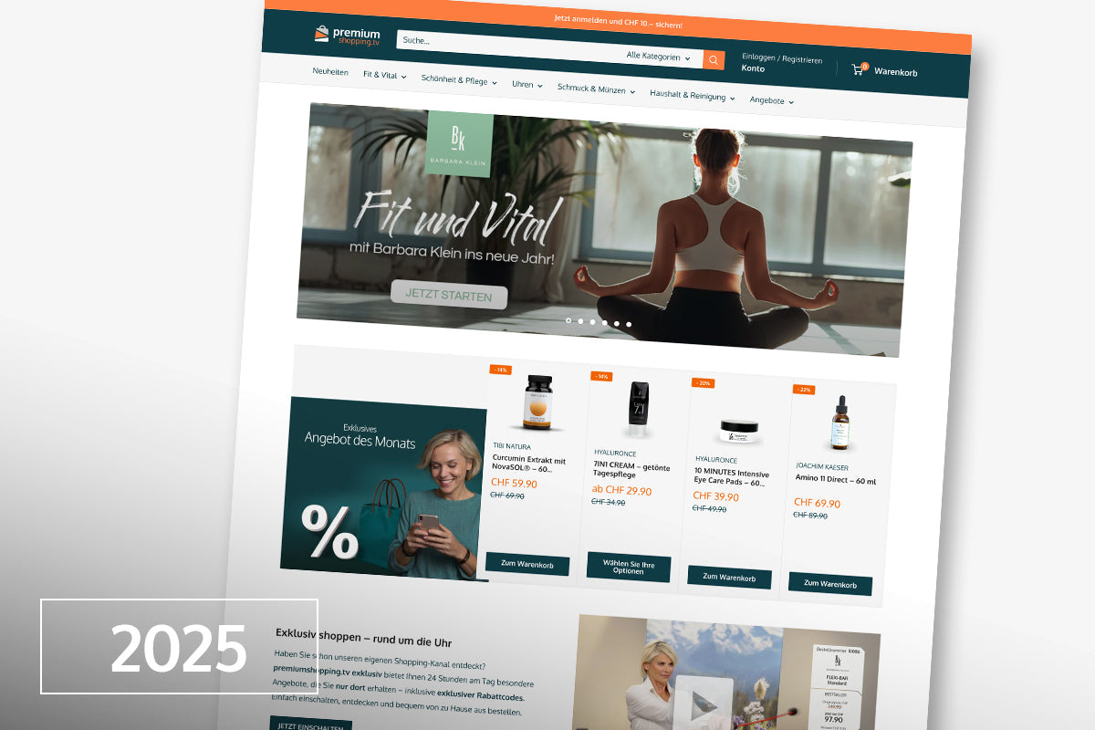 Vorschau einer Online-Shopping-Website mit Kategorien, Angeboten und einer Frau in Meditationspose.