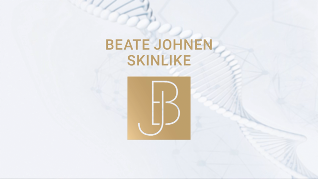 Goldenes Logo mit den Buchstaben "BJ" und Text "Beate Johnen Skinlike" vor helixartigem Hintergrund.