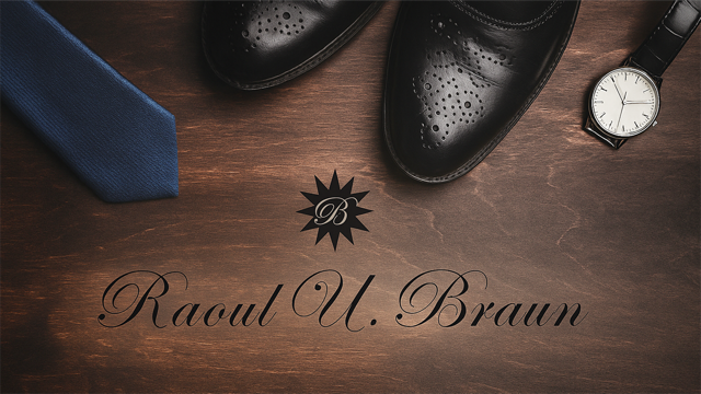 Schwarze Lederschuhe, blaue Krawatte und Uhr auf Holz, mit stilvollem "Raoul U. Braun" Schriftzug.