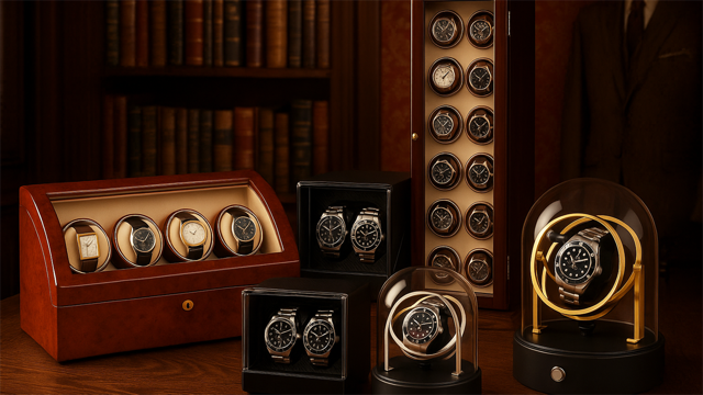 Mehrere Uhren in verschiedenen Uhrenboxen aus Holz und Glas, vor einem Bücherregal präsentiert.