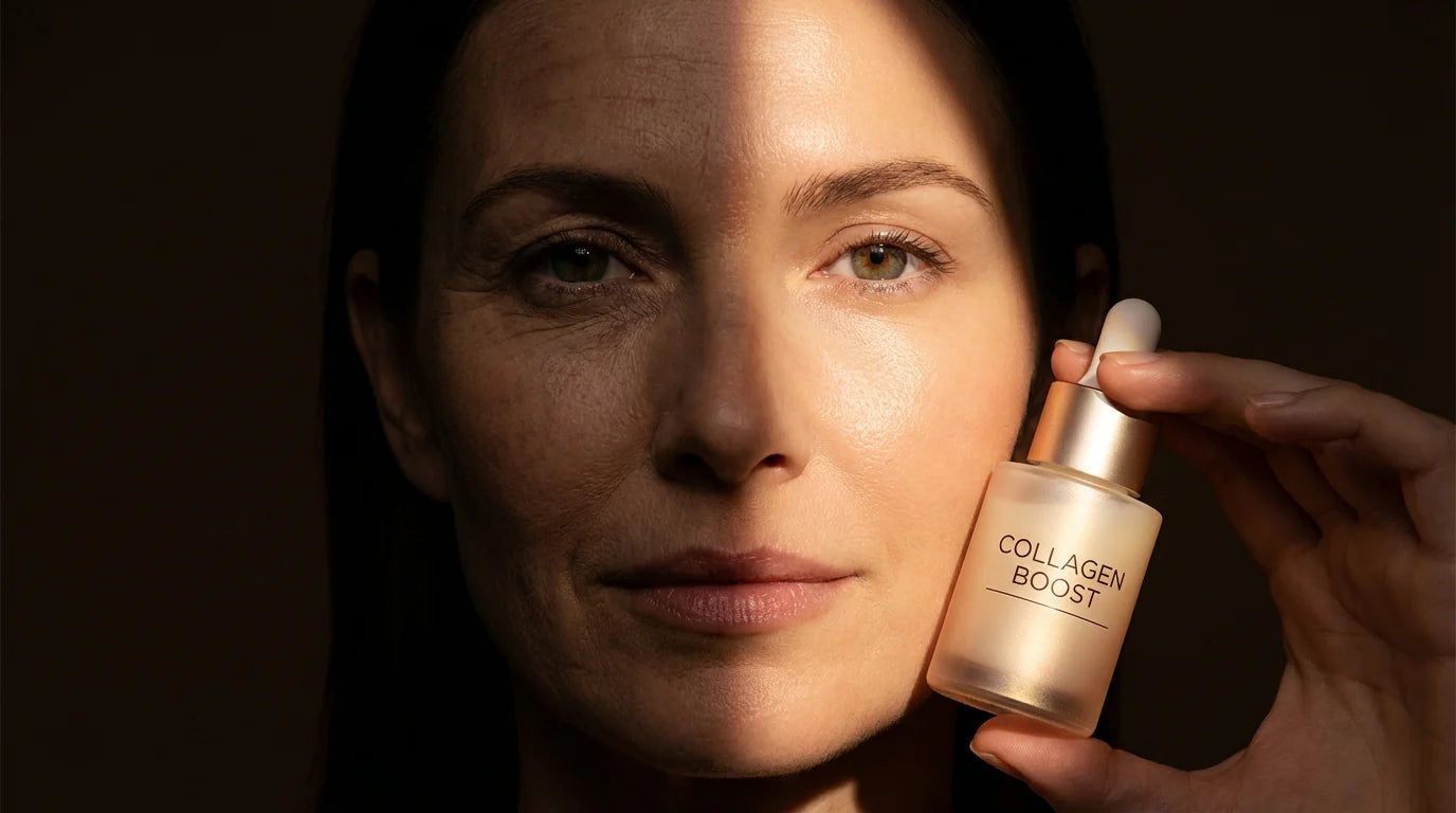 Kollagen Wirkung Haut: Was Kollagenpräparate wirklich bringen - Frau hält Kollagen Boost Serum im Gesicht.