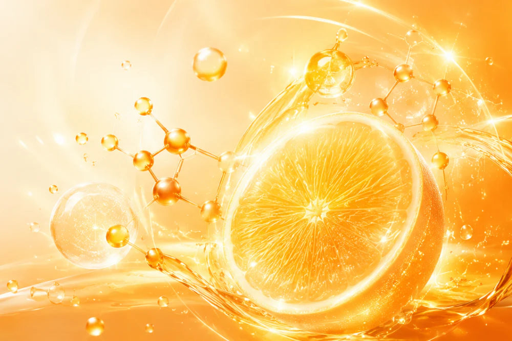 Vitamin C Serum: Wirkung, Anwendung & für wen es sich lohnt - Bild eines Orangenschnitts mit Molekülen.