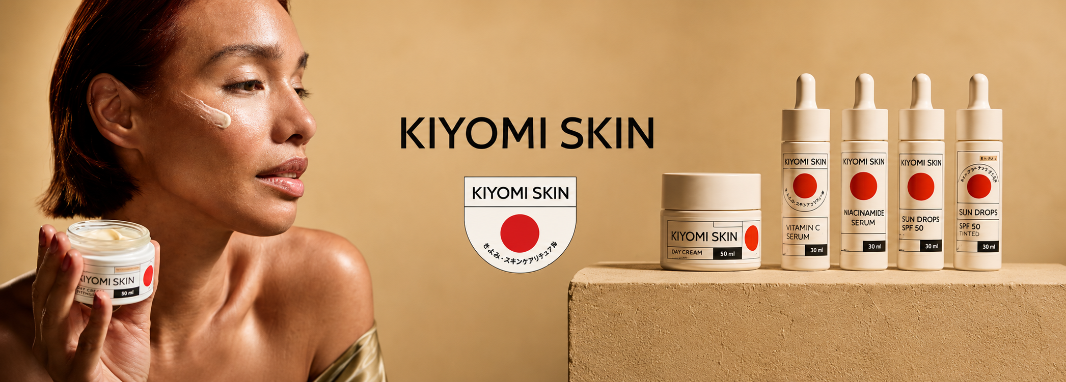 KIYOMI SKIN Markenbanner mit Model und Hautpflegeprodukten wie Day Cream, Vitamin C Serum, Niacinamide Serum und Sun Drops SPF 50