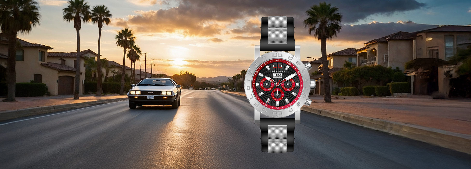 Ein Auto fährt bei Sonnenuntergang eine Straße entlang, im Vordergrund ist eine große, stilisierte Uhr zu sehen.