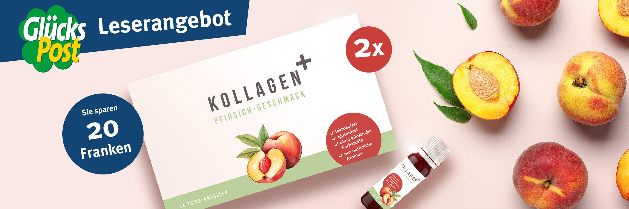Werbung für Kollagen-Pfirsich-Getränk mit Abbildung einer Verpackung, Pfirsichen und einer Flasche, Rabatt von 20 Franken.