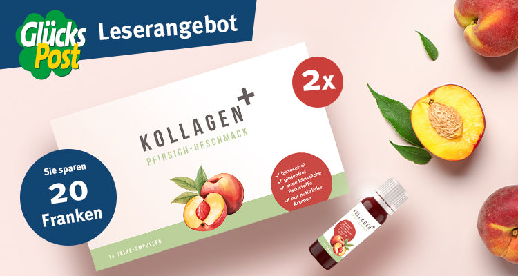 Werbung für Kollagen-Produkt mit Pfirsichgeschmack, zeigt Verpackung und Fläschchen, daneben frische Pfirsiche.