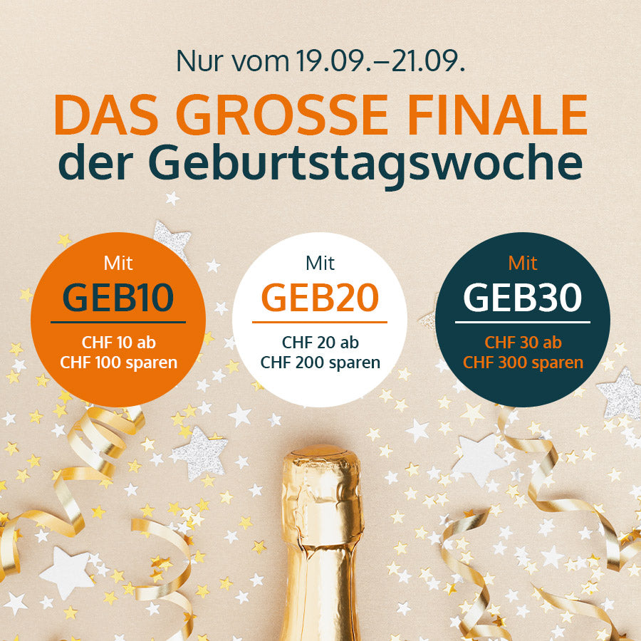 Werbebanner 'Das grosse Finale der Geburtstagswoche' mit Rabattcodes GEB10, GEB20 und GEB30 sowie einer Champagnerflasche auf Konfetti-Hintergrund, gültig vom 19.09. bis 21.09.