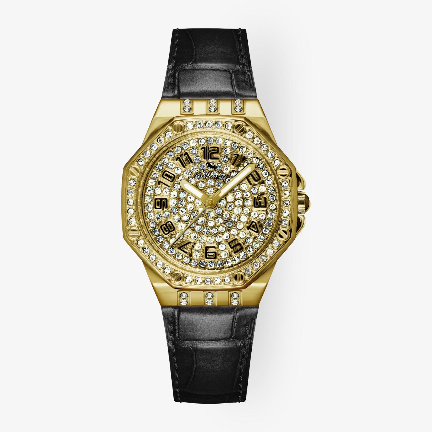 F.408 –  luxuriöse Damenuhr in IP-Gold mit Octagon-Lünette und  Kristallbesatz