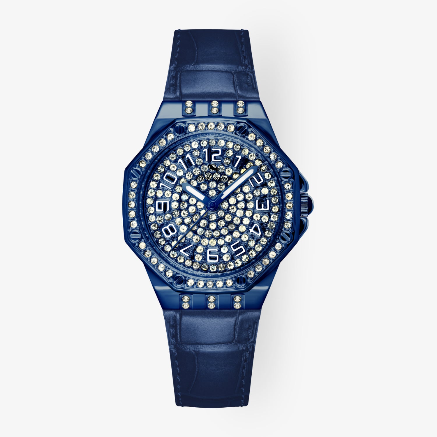 F.411 –   sportlich-luxuriöse Damenuhr in Blau mit Octagon-Lünette und  Kristallbesatz