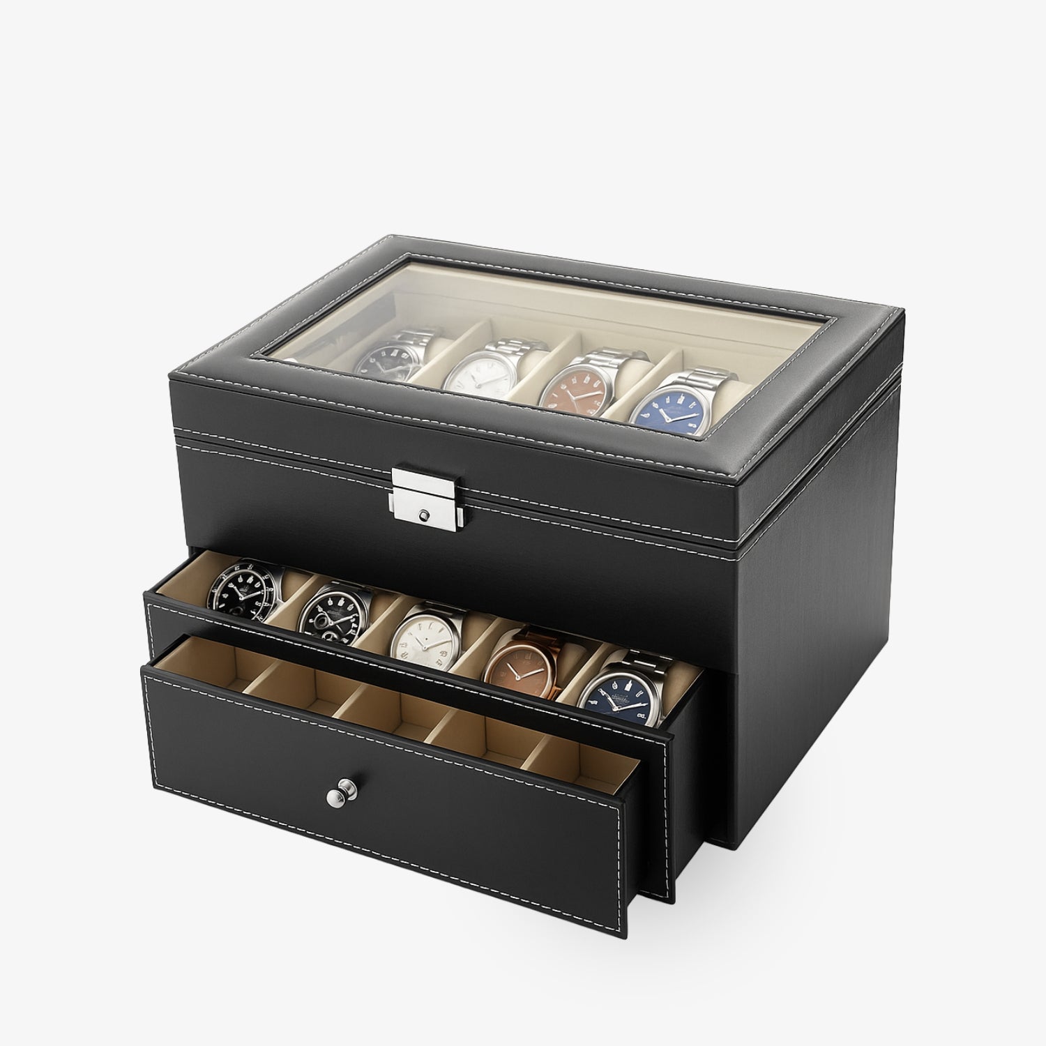 Schwarze Uhrenbox mit Glasdeckel, zeigt verschiedene Uhren auf zwei Ebenen mit geöffneten Schubladen.