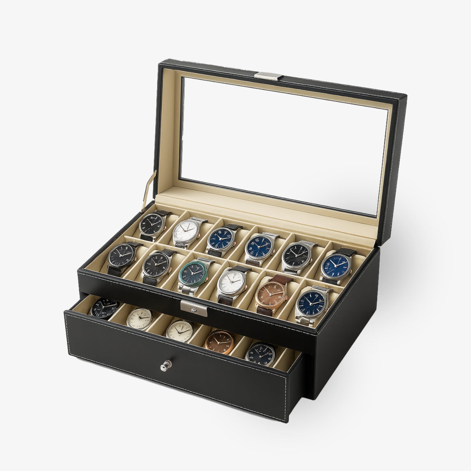 Eine schwarze Uhrenbox mit einem Glasklappdeckel zeigt mehrere Armbanduhren in zwei Etagen.