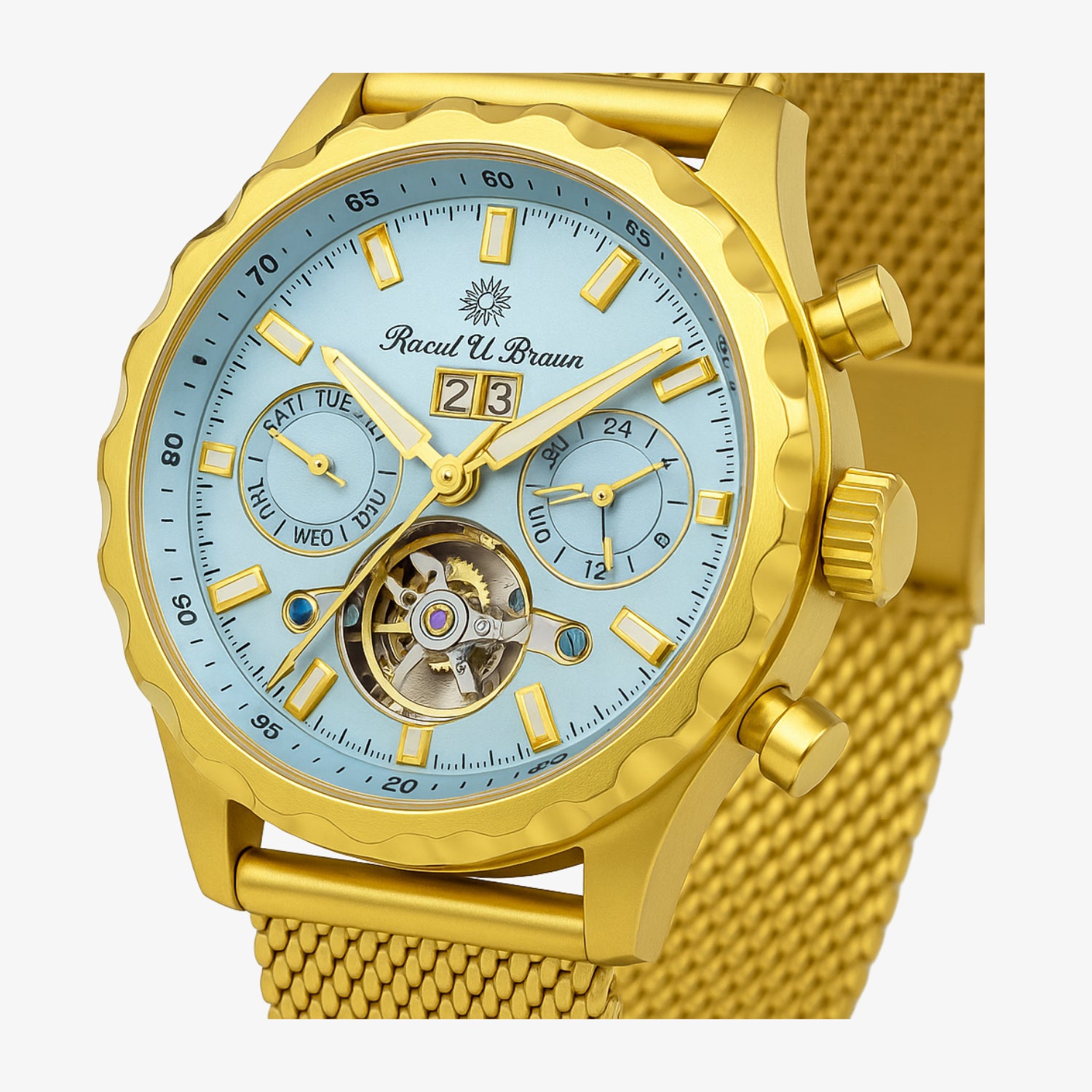 Goldene Armbanduhr mit blauem Zifferblatt, sichtbarer Mechanik und Datumsanzeige, goldenem Gehäuse und Armband.