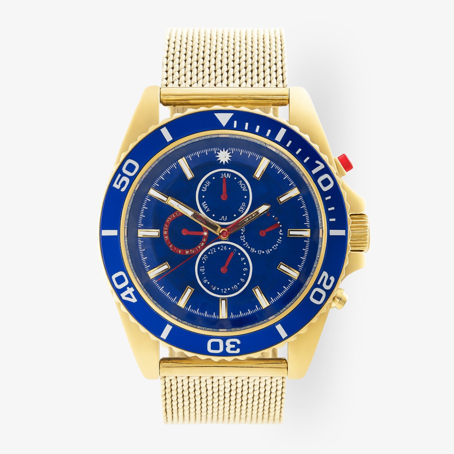 Goldene Armbanduhr mit blauem Zifferblatt, mehreren kleinen Anzeigen und einem goldenen Mesh-Armband.