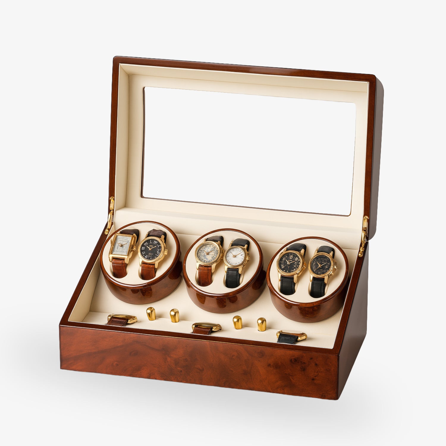 Holzkiste mit Glasdeckel, die sechs Armbanduhren auf drei rotierenden Säulen präsentiert.