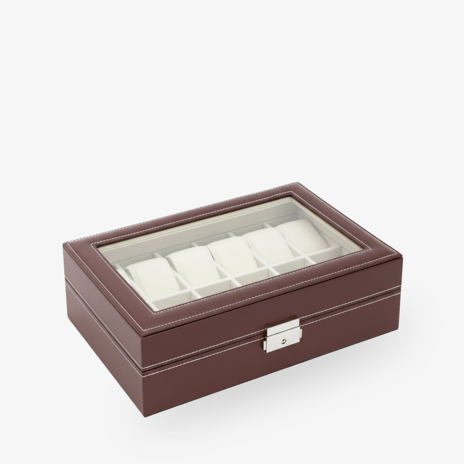 12er Uhrenbox – PU-Leder Dunkelbraun & Velvet Beige
