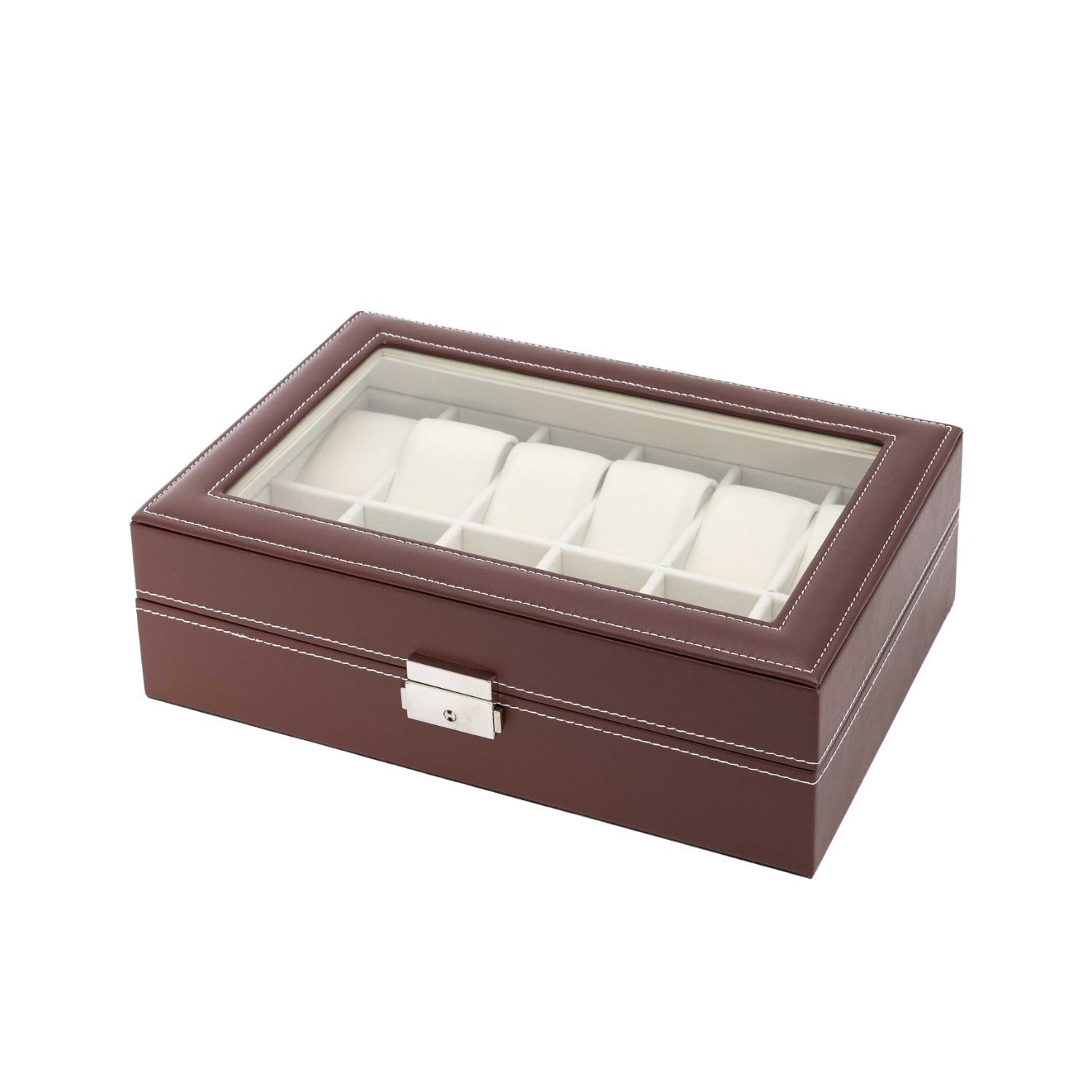 12er Uhrenbox – PU-Leder Dunkelbraun & Velvet Beige