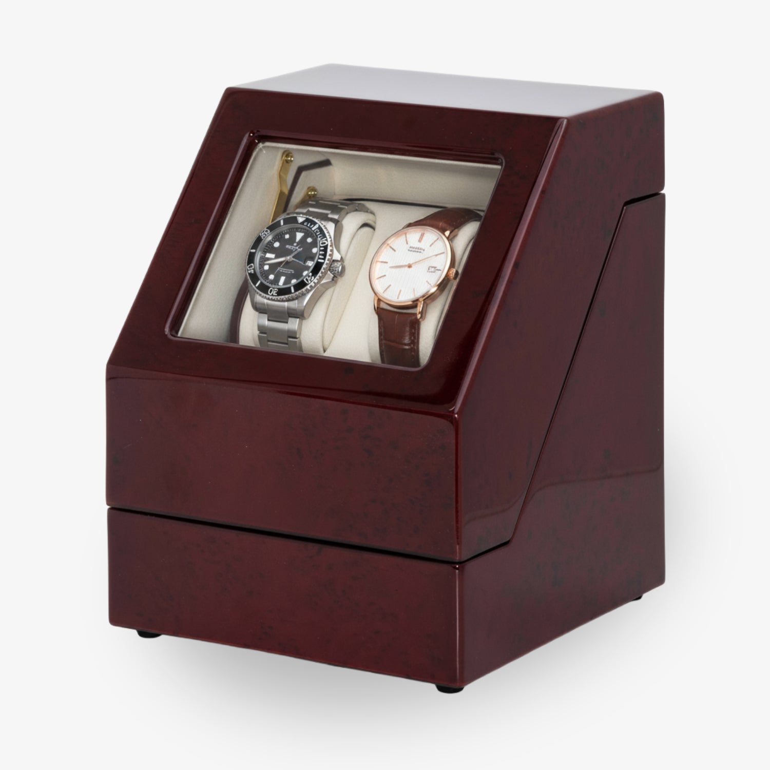 Uhrenbeweger «Penta» – Red Burlwood & Samt Beige