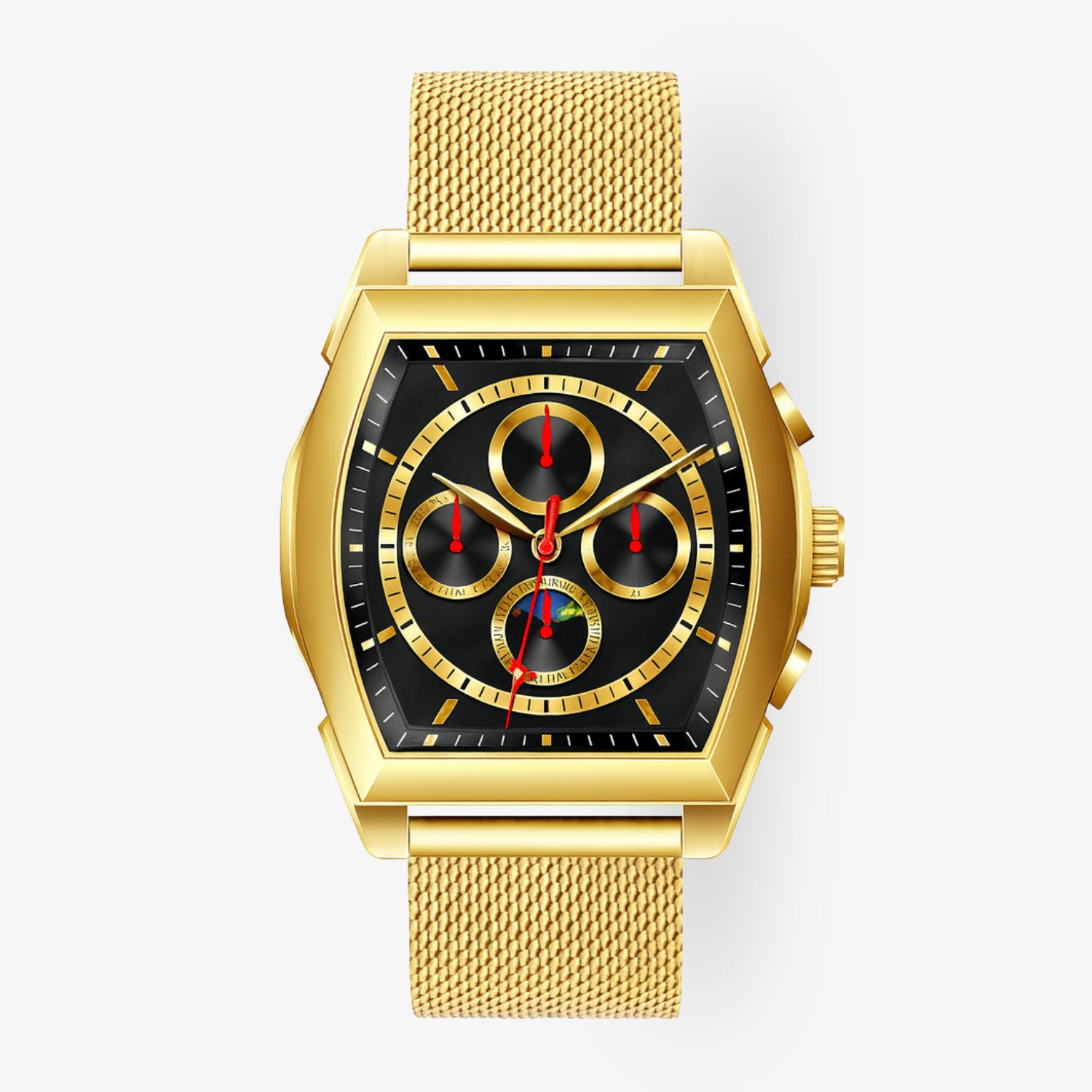 Goldene Armbanduhr mit schwarzem Zifferblatt und mehreren Zifferblättern, rotem Zeiger und goldenem Gewebearmband.