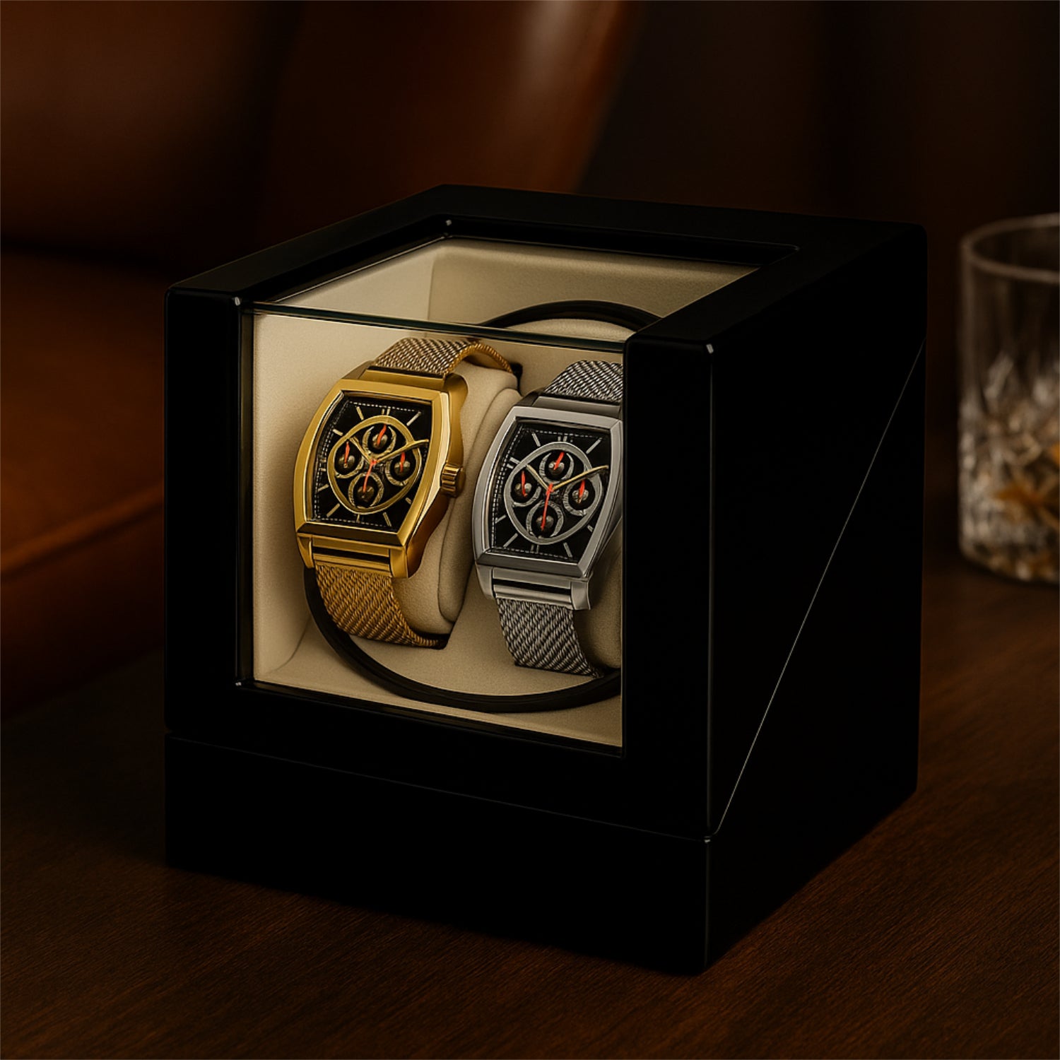 Zwei Armbanduhren, eine goldene und eine silberne, in einer schwarzen Box auf einem Holztisch präsentiert.