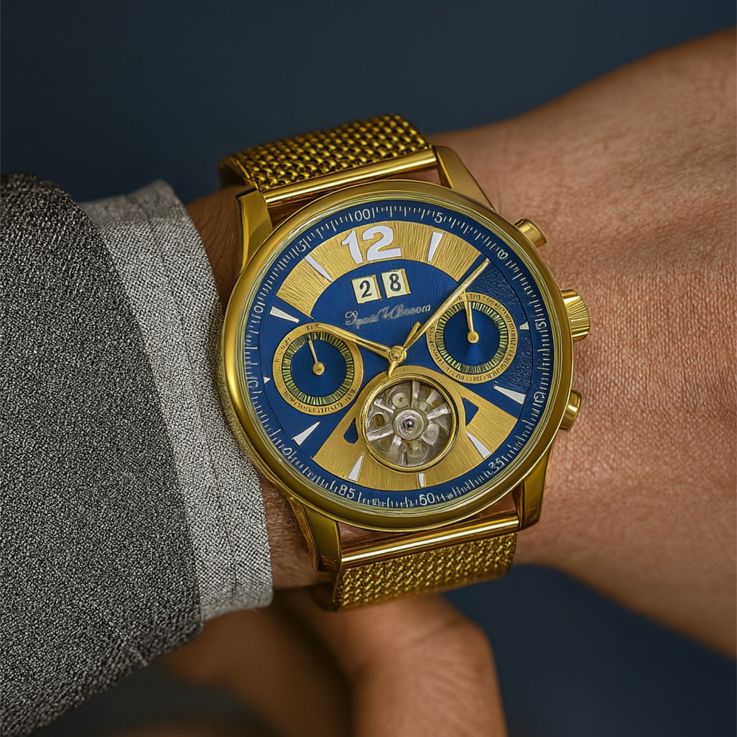 Goldene Armbanduhr mit blauem Zifferblatt, zwei kleinen Zifferblättern und einem Kalender auf einem Handgelenk getragen.