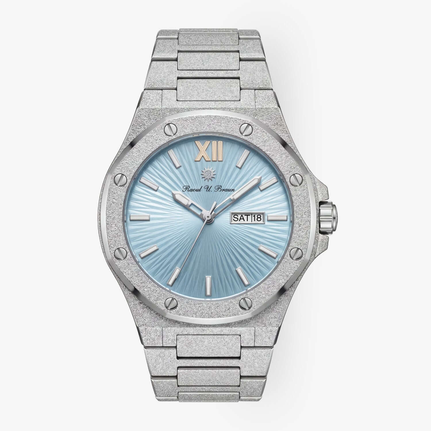 Automatikuhr Silberfarben aus Edelstahl mit hellblauen Ziffernblatt Vorderansicht