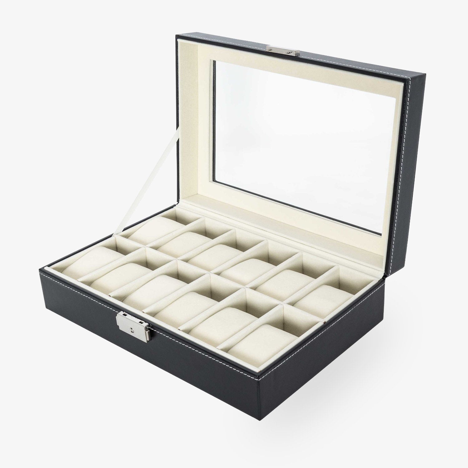 Scatola porta orologi per 12 orologi, PU Nero/Beige Velluto