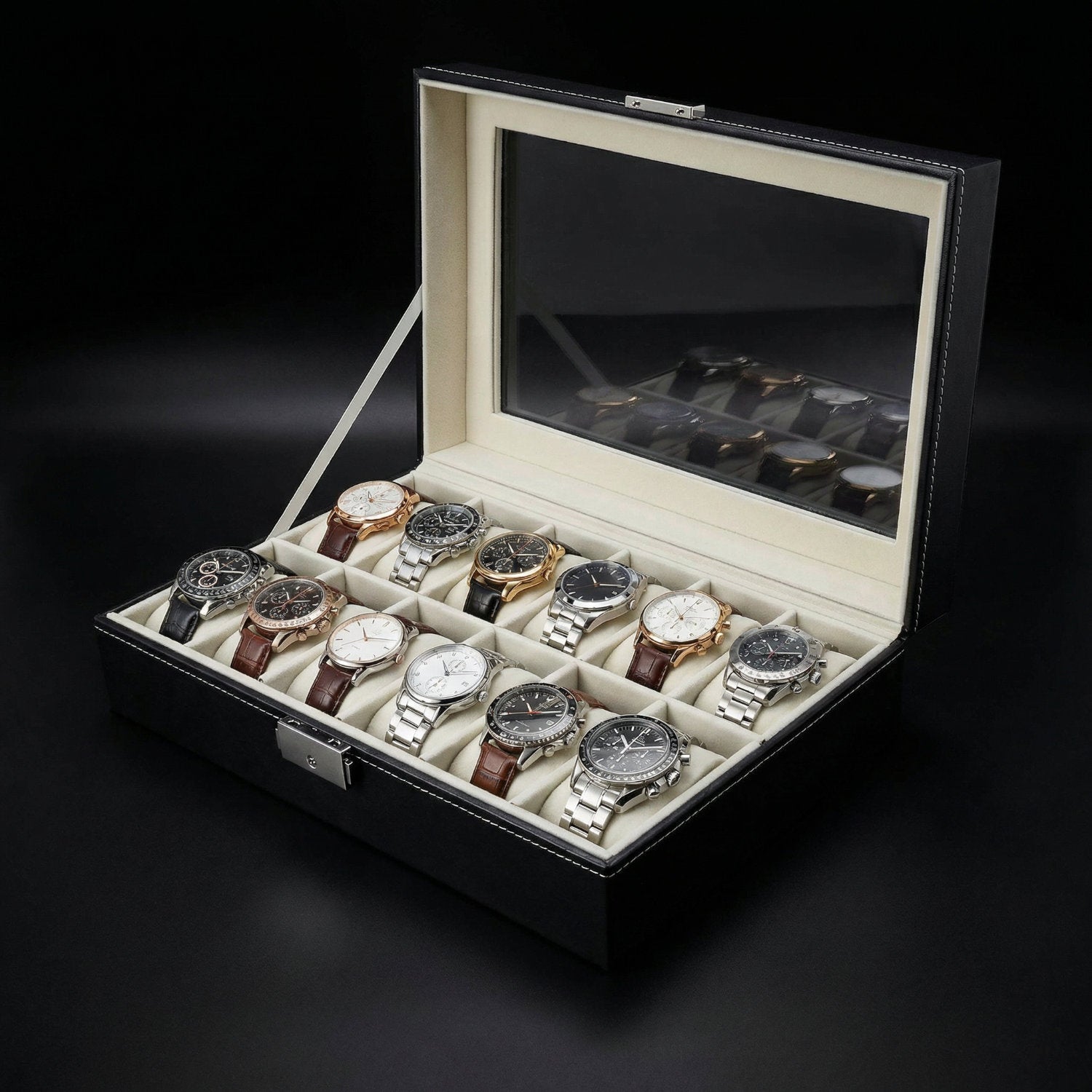Scatola porta orologi per 12 orologi, PU Nero/Beige Velluto