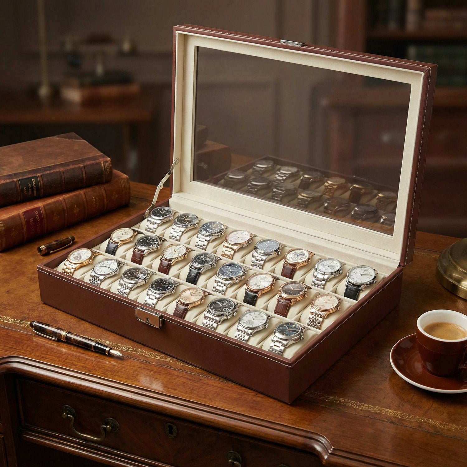 Scatola porta orologi per 24 orologi, PU marrone scuro / velluto beige