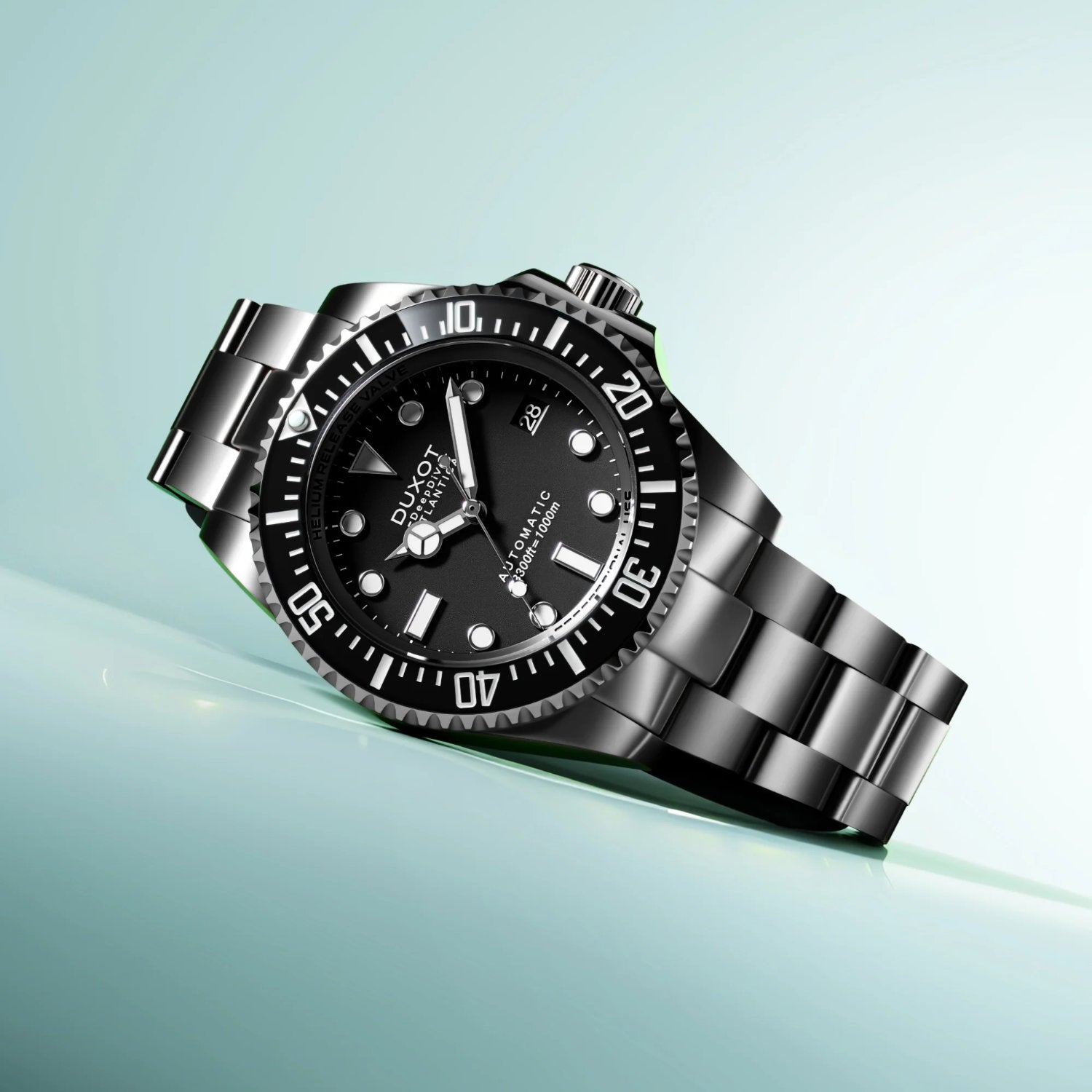 Automatikuhr ATLANTICA Deep Dive Automatic Limited Edition DX-2066-88 mit schwarzem Zifferblatt und Edelstahlarmband.
