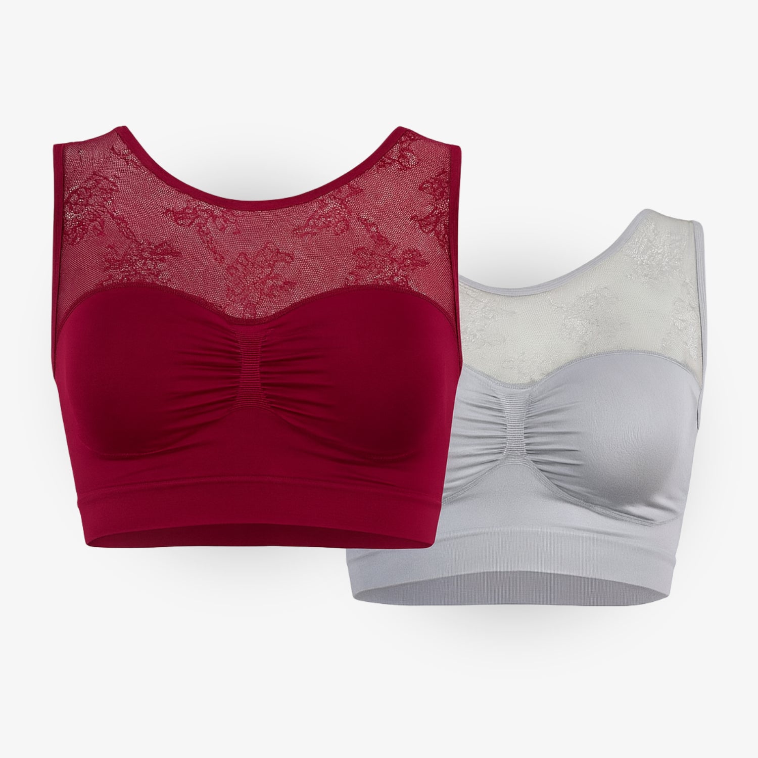 Shapewear Komfort Soft-BH mit Spitzen-Décolleté – 2er Set Weinrot und Silber