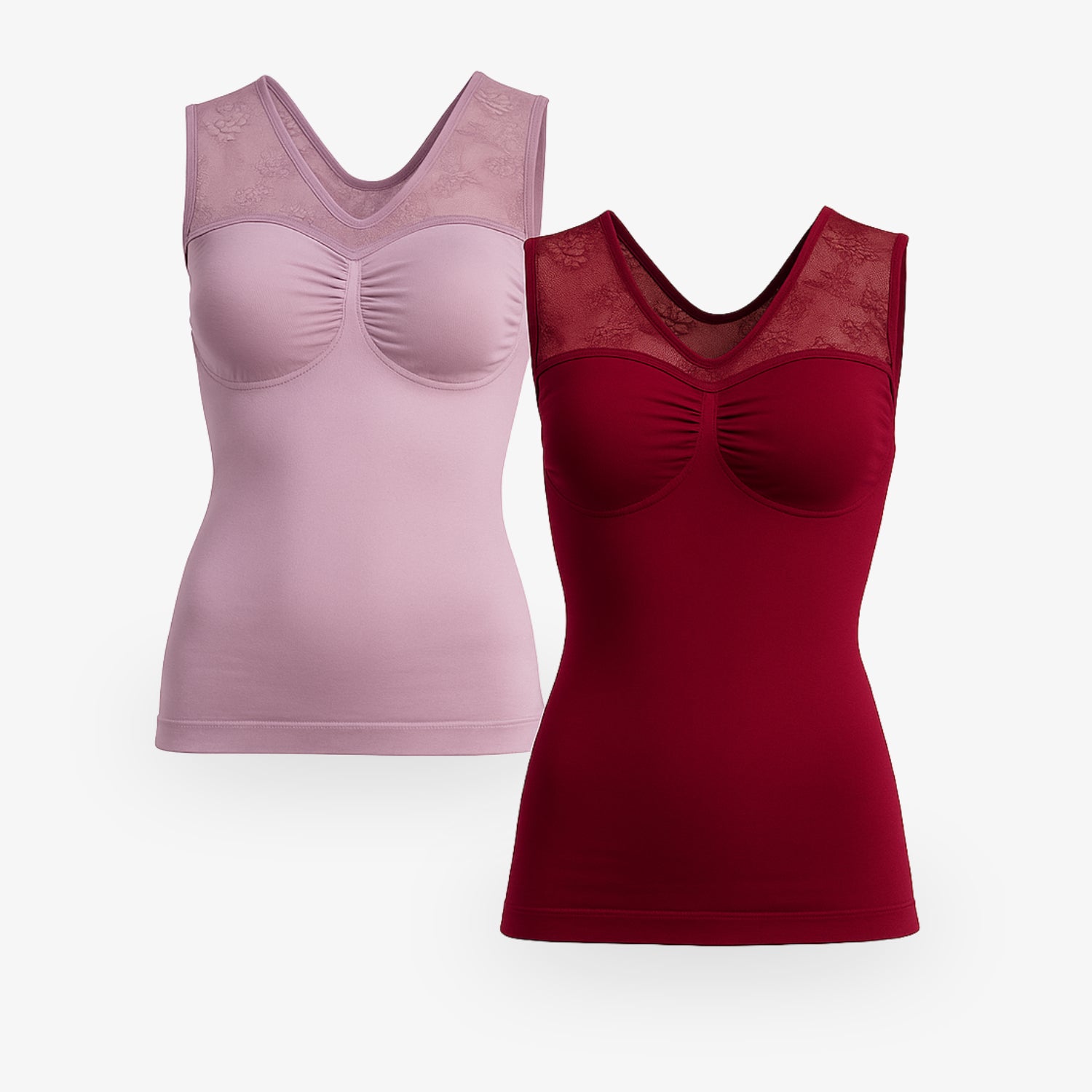 LUXUS Shapewear Komfort Top mit Spitzenträgern – 2er Set Mauve und Weinrot