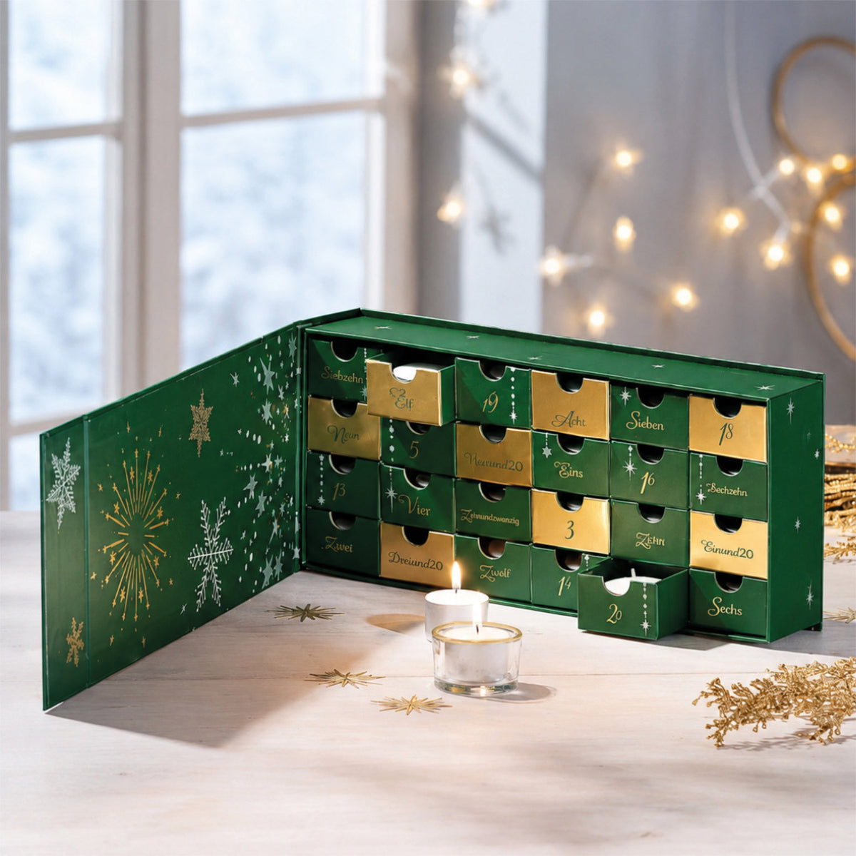 Calendario dell'Avvento con candeline "Luce fortunata" con 24 lumini portatori di messaggi