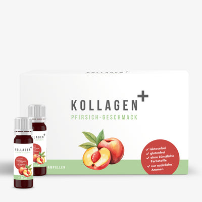 Verpackung von Kollagen+ Pfirsich-Geschmack mit zwei kleinen Fläschchen und Pfirsich-Illustration.
