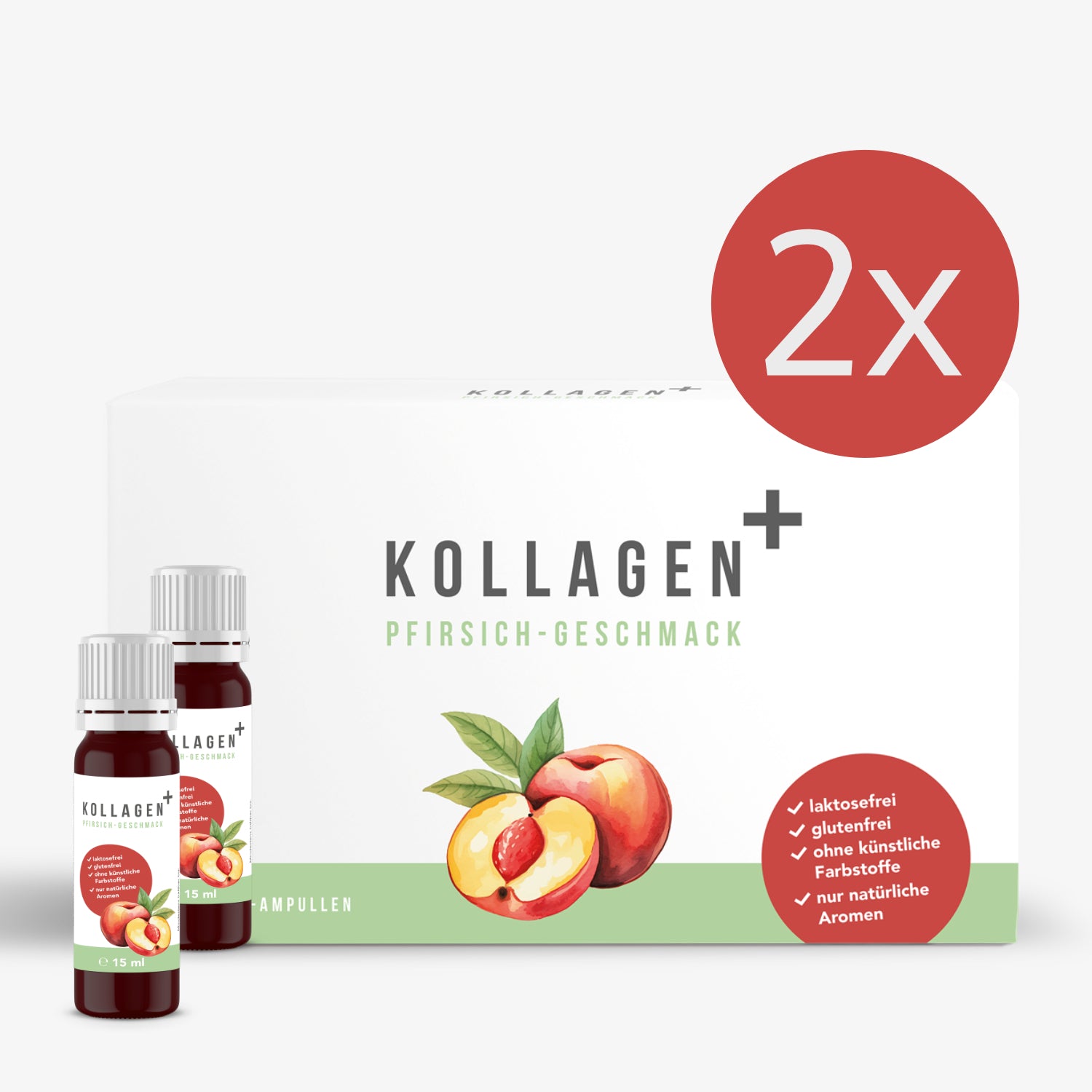 Collagen+ Trinkampullen mit Pfirsich-Geschmack, zwei Fläschchen vor einer Packung mit Pfirsichillustration dargestellt.