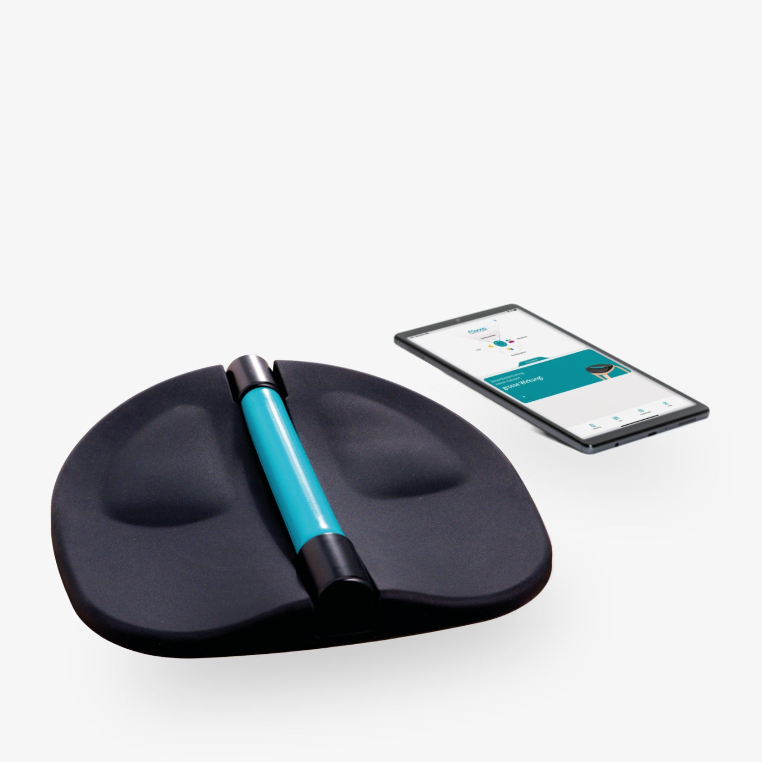 Ein schwarzes Fitnessgerät mit blauem Griff liegt neben einem Smartphone, auf dem eine Fitness-App angezeigt wird.