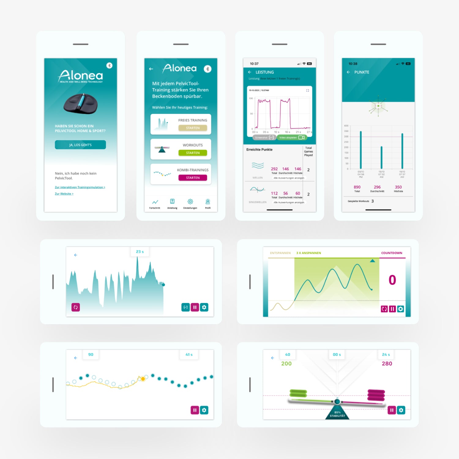 Mehrere Smartphone-Bildschirme zeigen eine Fitness-App mit Statistiken, Diagrammen und Trainingsoptionen für das Beckenbodentraining.