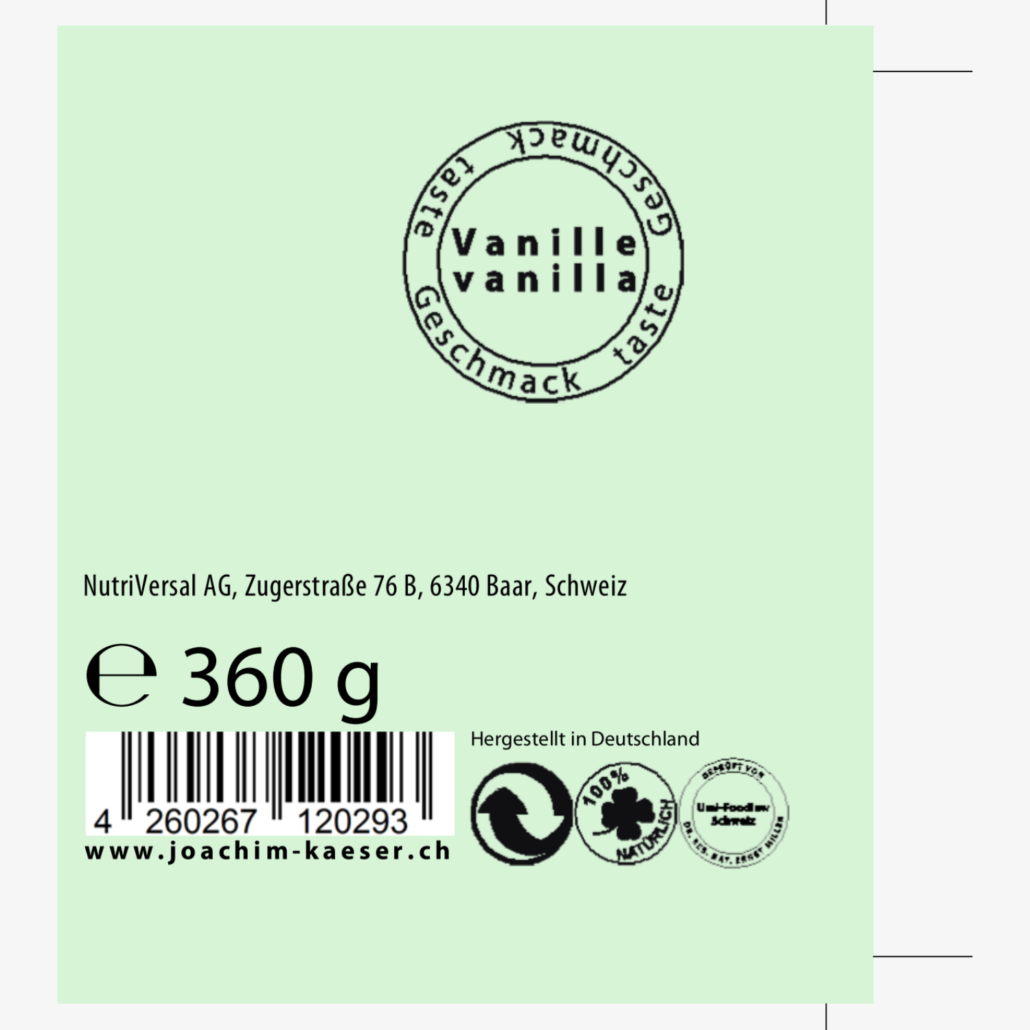 Grünes Etikett mit Vanille-Geschmack, Gewicht 360 g, Adresse in der Schweiz und Barcode unten.