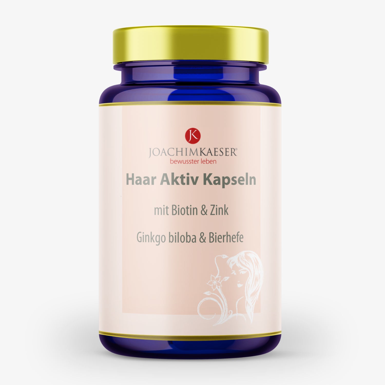 Blaues Flaschenetikett von "Haar Aktiv Kapseln" enthält Biotin, Zink, Ginkgo biloba und Bierhefe.