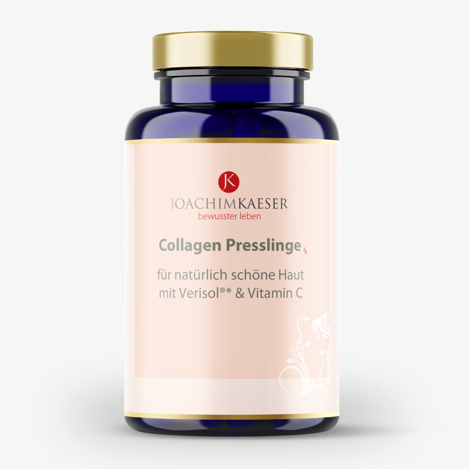 Blaues Glasgefäß mit goldfarbenem Deckel, etikettiert als "Collagen Presslinge" von JOACHIM KAESER für Hautpflege.