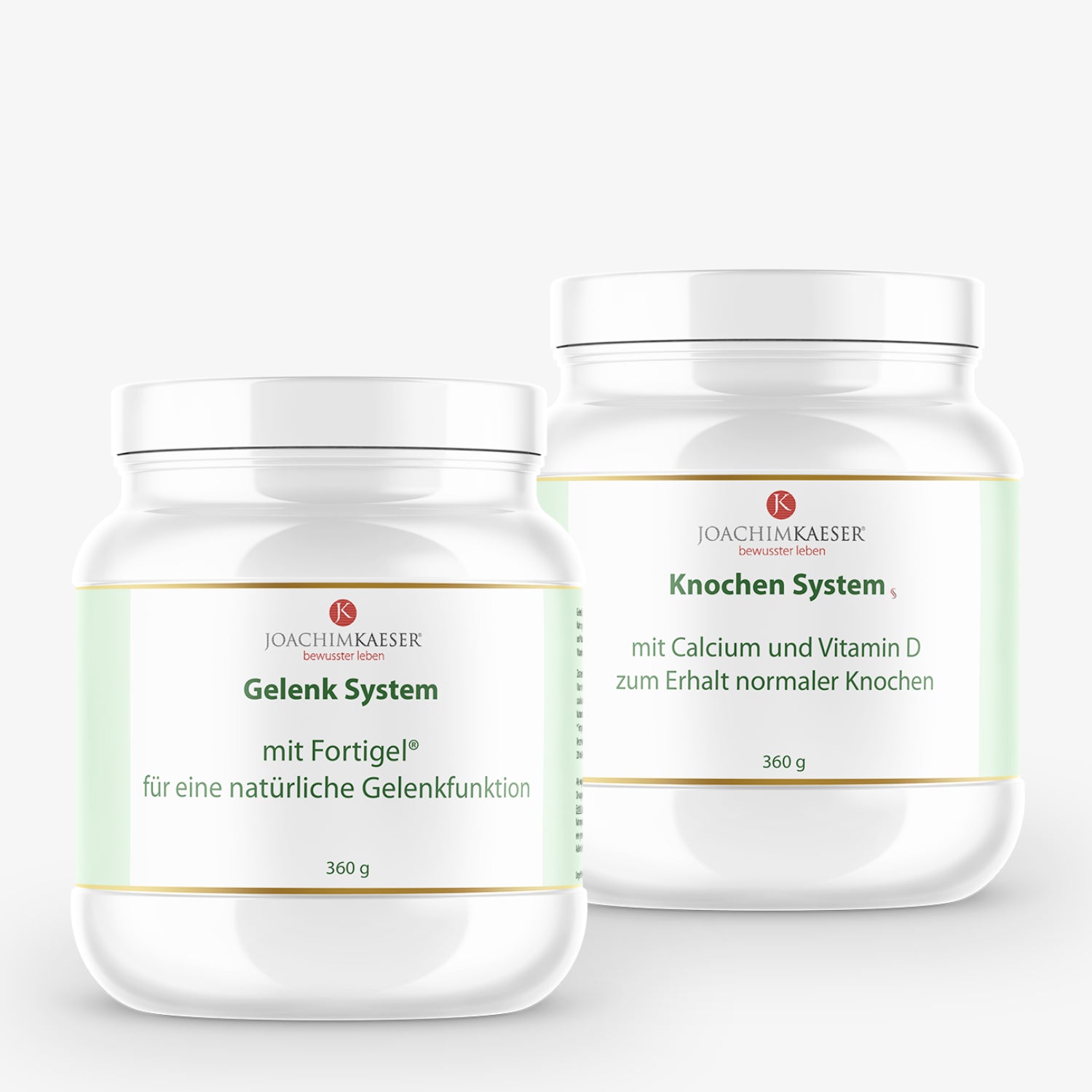 Zwei Nahrungsergänzungsmittel in weißen Dosen: "Gelenk System" und "Knochen System" von Joachim Kaeser.