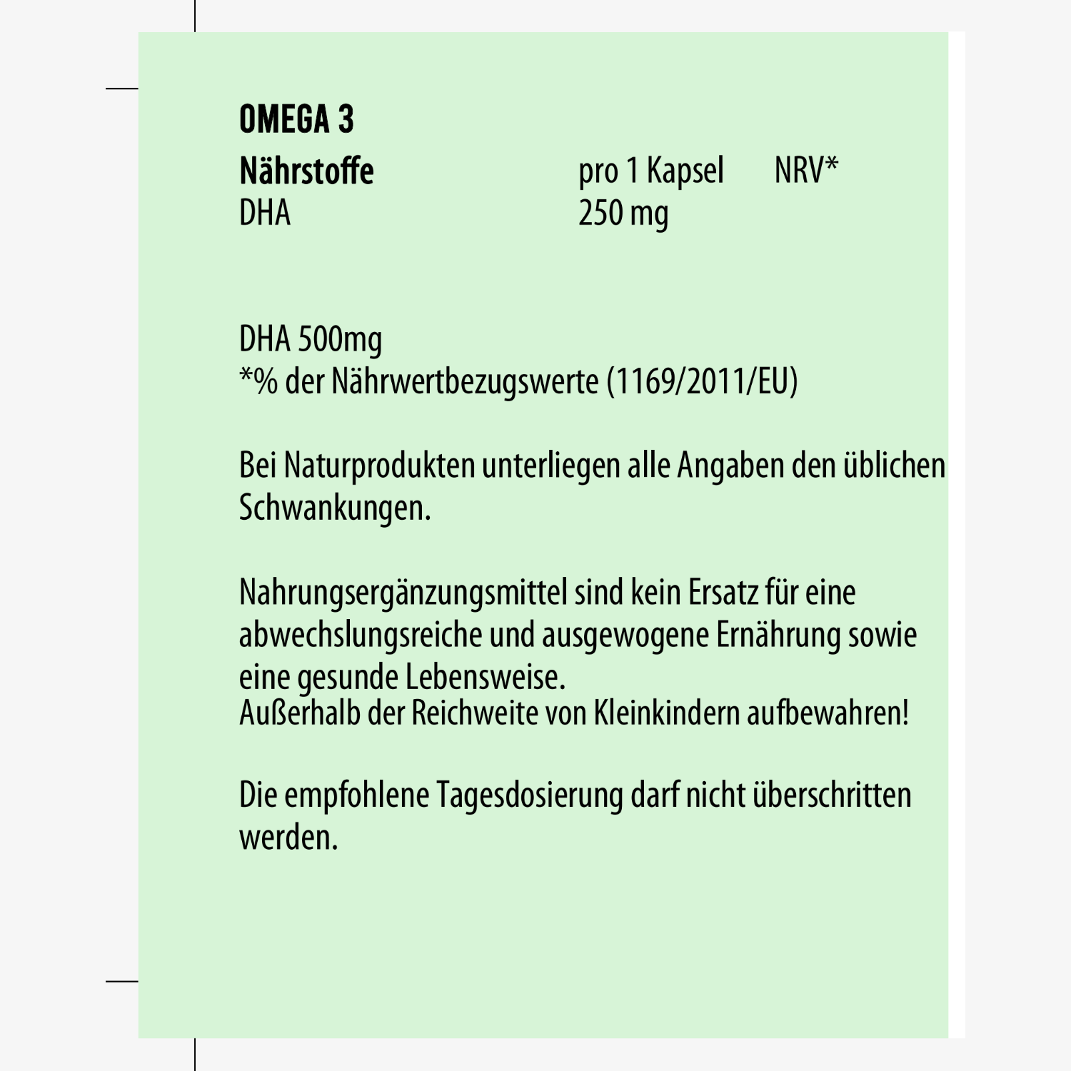 Etikett für Omega-3-Kapseln mit Nährstoffangaben und Warnhinweisen zur Verwendung.