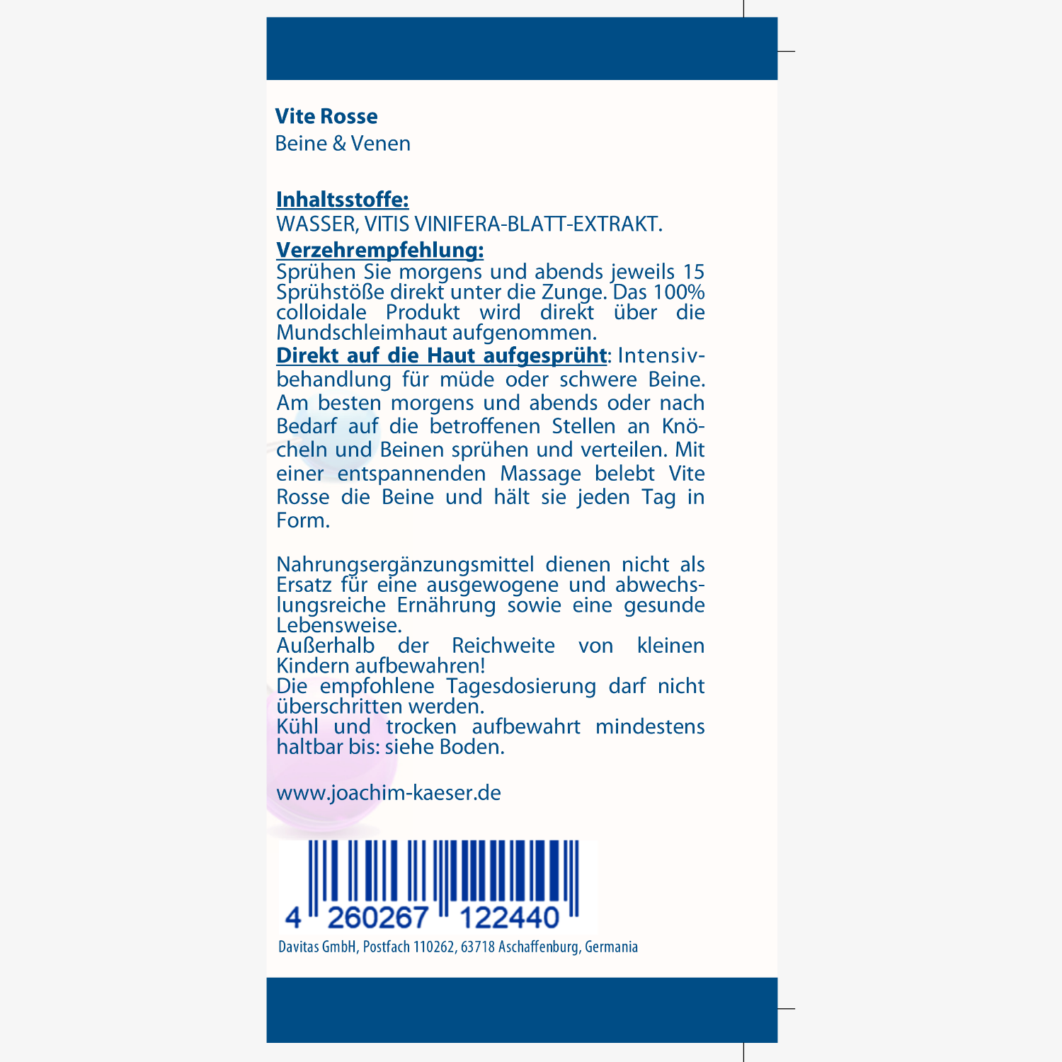 Etikett einer Nahrungsergänzung mit Anwendungshinweis und Inhaltsstoffen, Produktname "Vite Rosse".