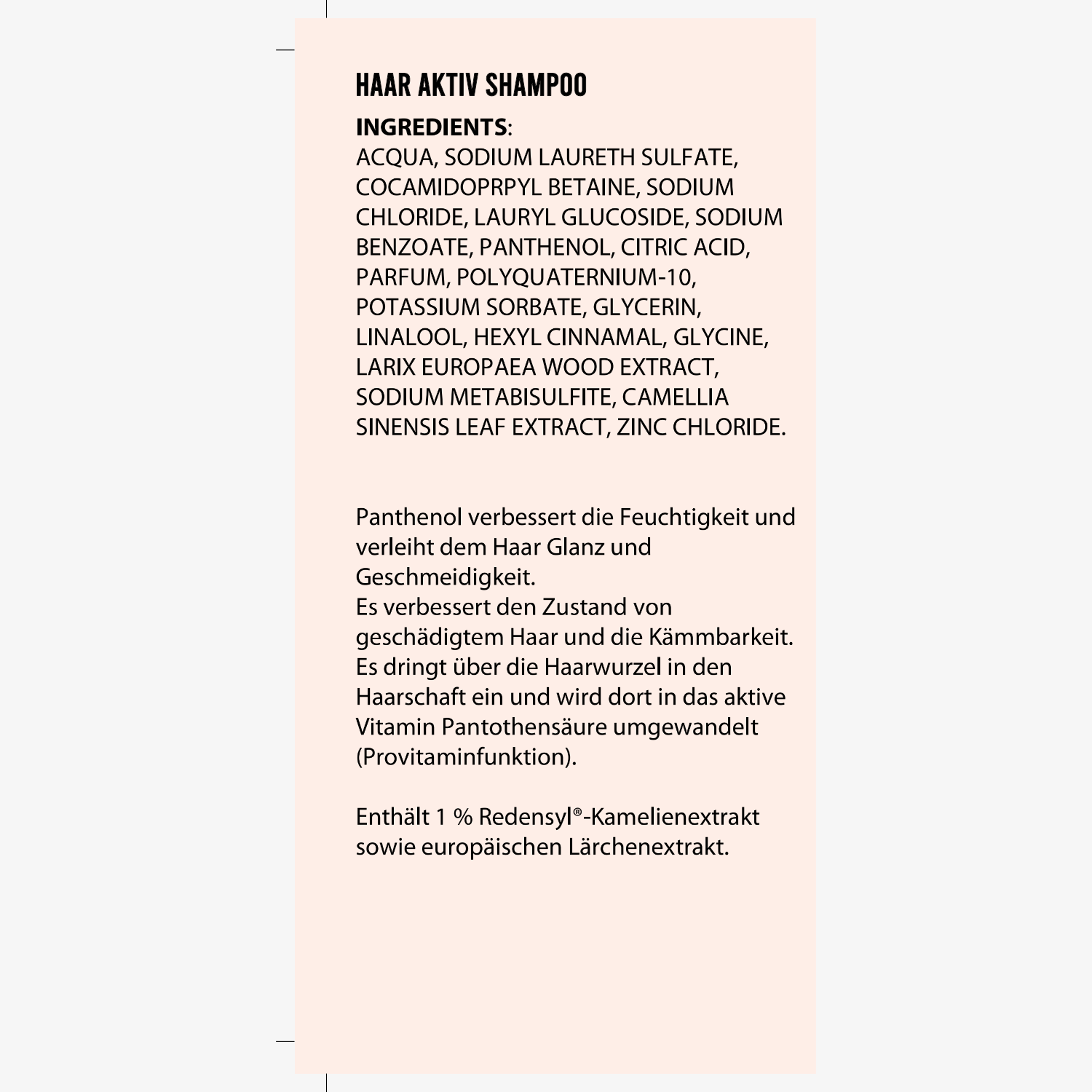 Etikett eines Haaraktivshampoos mit Inhaltsstoffen und Beschreibung zur Pflege und Verbesserung von Haarglanz.